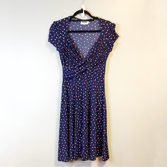 Leota Dress Blue w/ White & Pink Polka Dots Faux Wrap Dress Sz S EUC Ruffle Neck - Picture 1 of 5